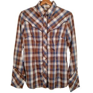Vintage Lasso Western Wear Shirt Wome Blue Brownb Plaid Ranch Rodeo Snap